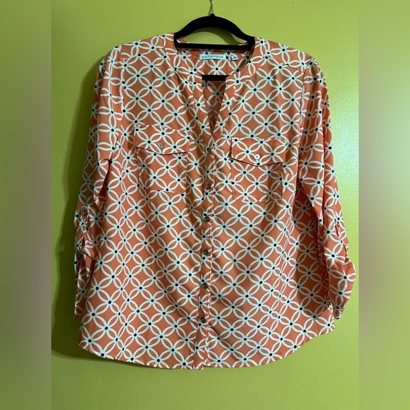 Tops - Geometric Print Roll-Tab Blouse - Orange